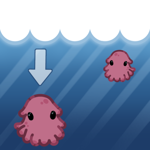An image with water featuring a large cartoon dumbo octopus in the upper right corner and a much smaller one in the lower left. There is a light blue arrow pointing down at the smaller cartoonish dumbo octopus